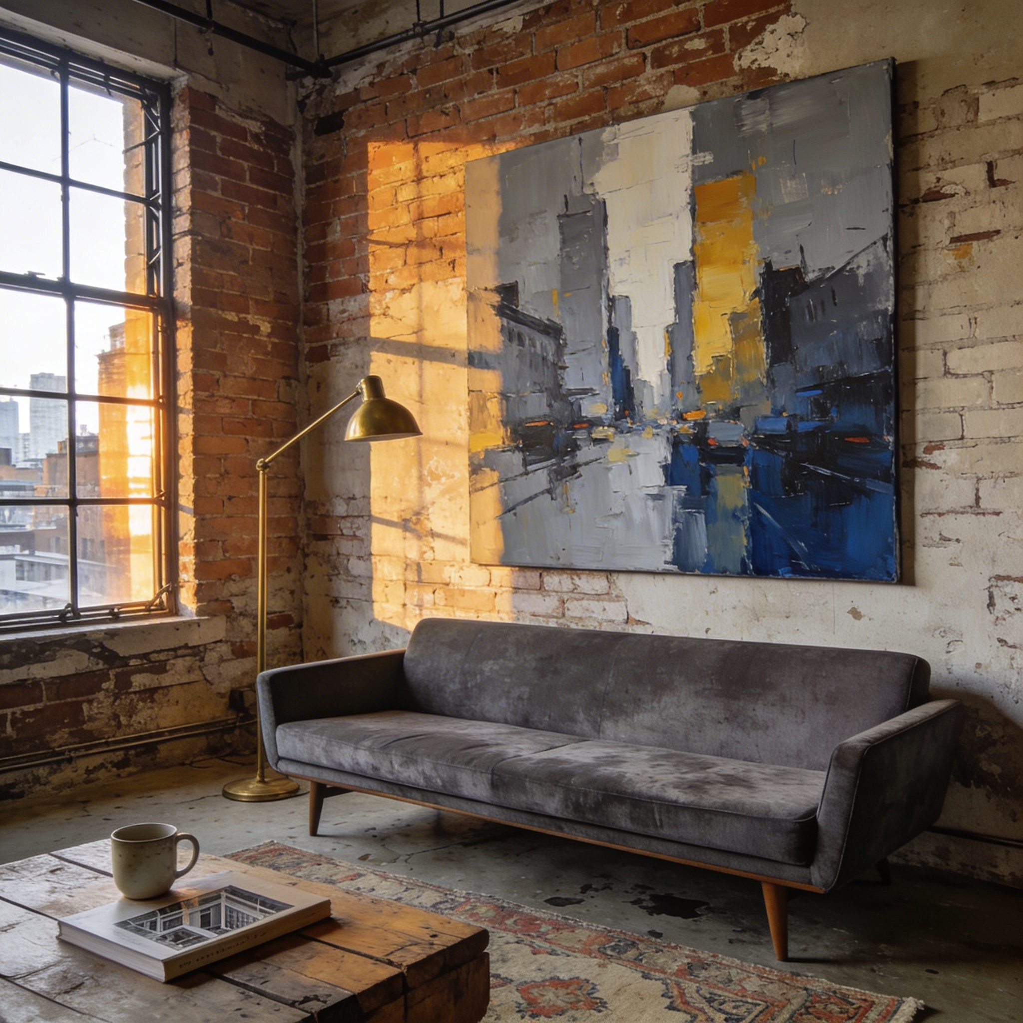 Exposed brick loft with industrial windows and abstract cityscape painting catching urban light