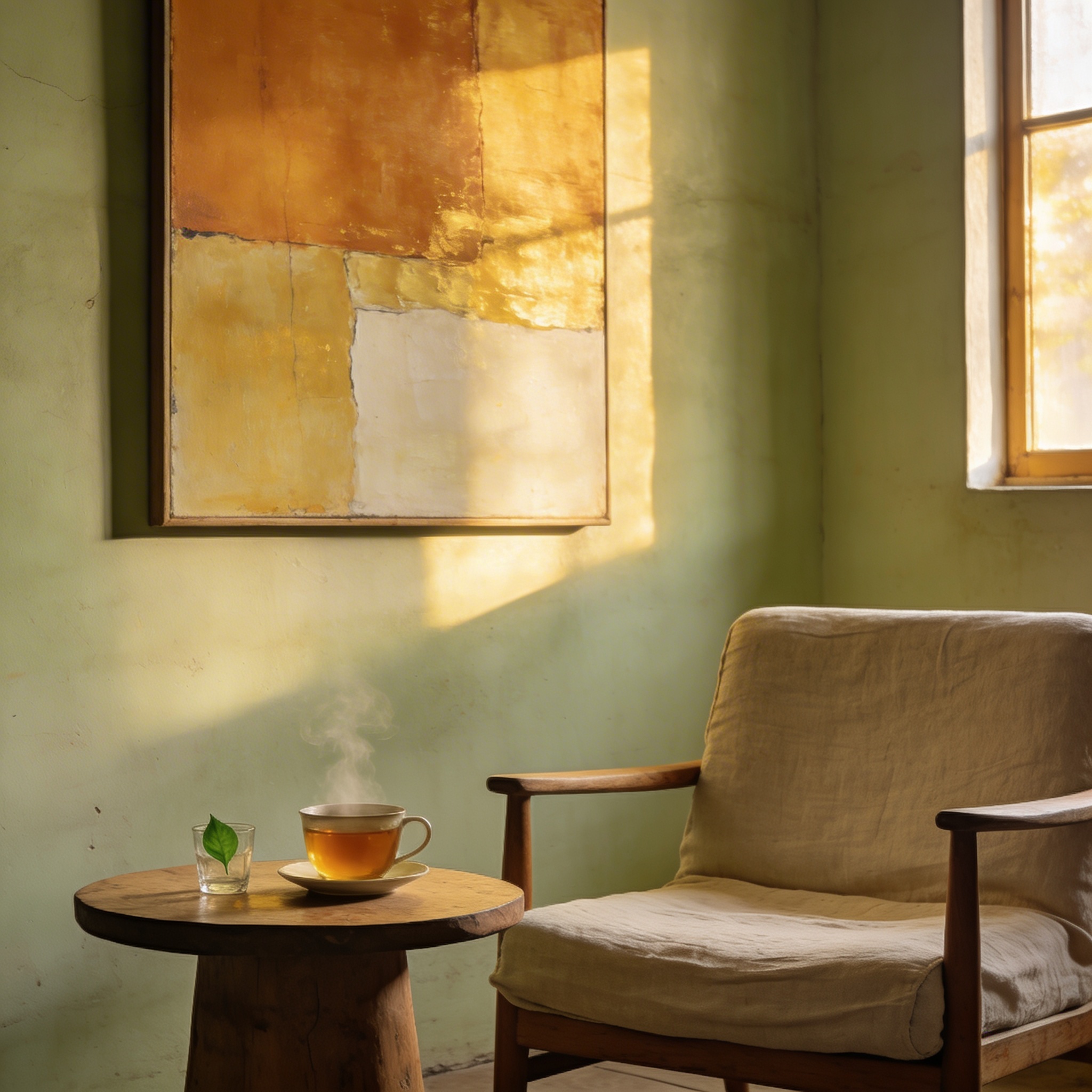 Peaceful morning armchair scene with abstract painting on warm wall, soft natural light