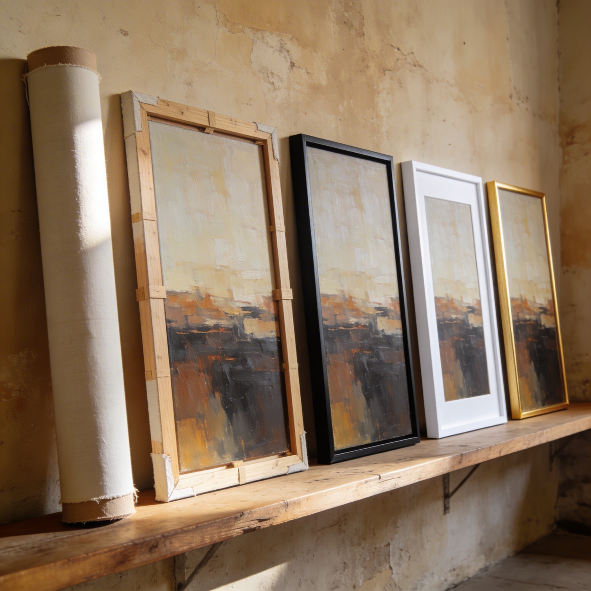 Five frame options displayed on a wooden shelf — rolled canvas, gallery stretched, black, white, and golden frames