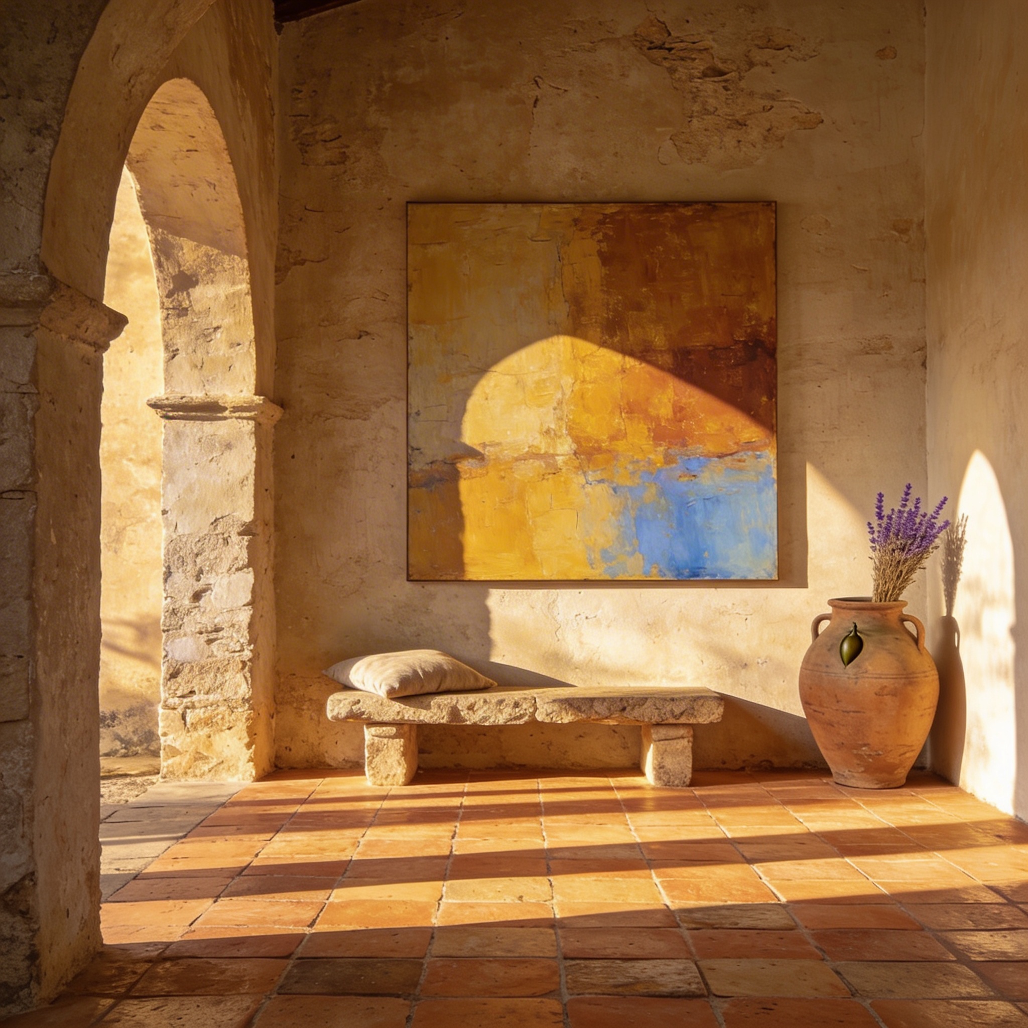 Mediterranean villa at golden hour with abstract painting on warm plaster wall