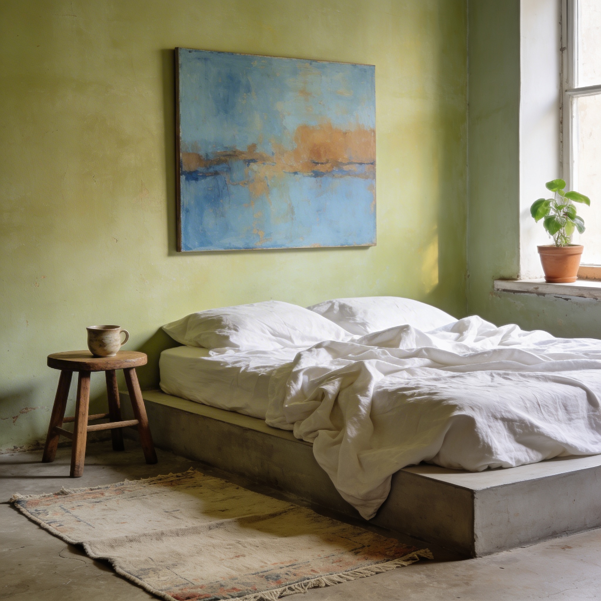Serene morning bedroom with pale turquoise abstract seascape beside a window