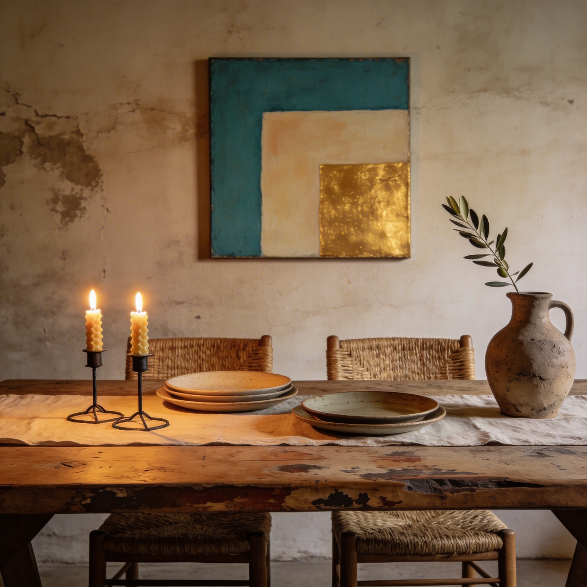 Scandinavian dining room with abstract ocean painting and candles creating warm directional light