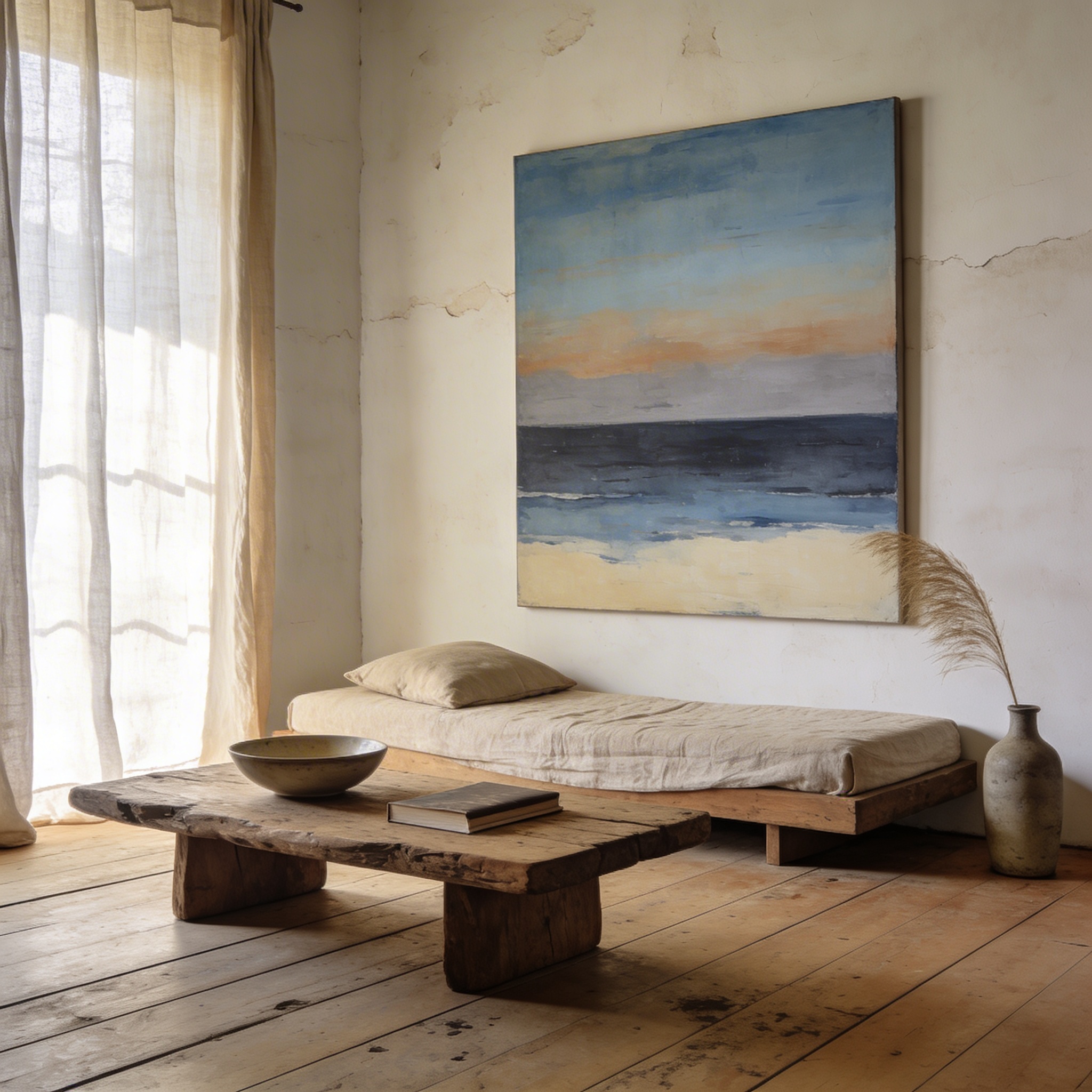 Bright coastal living room with abstract ocean painting above a linen sofa, natural light flooding in