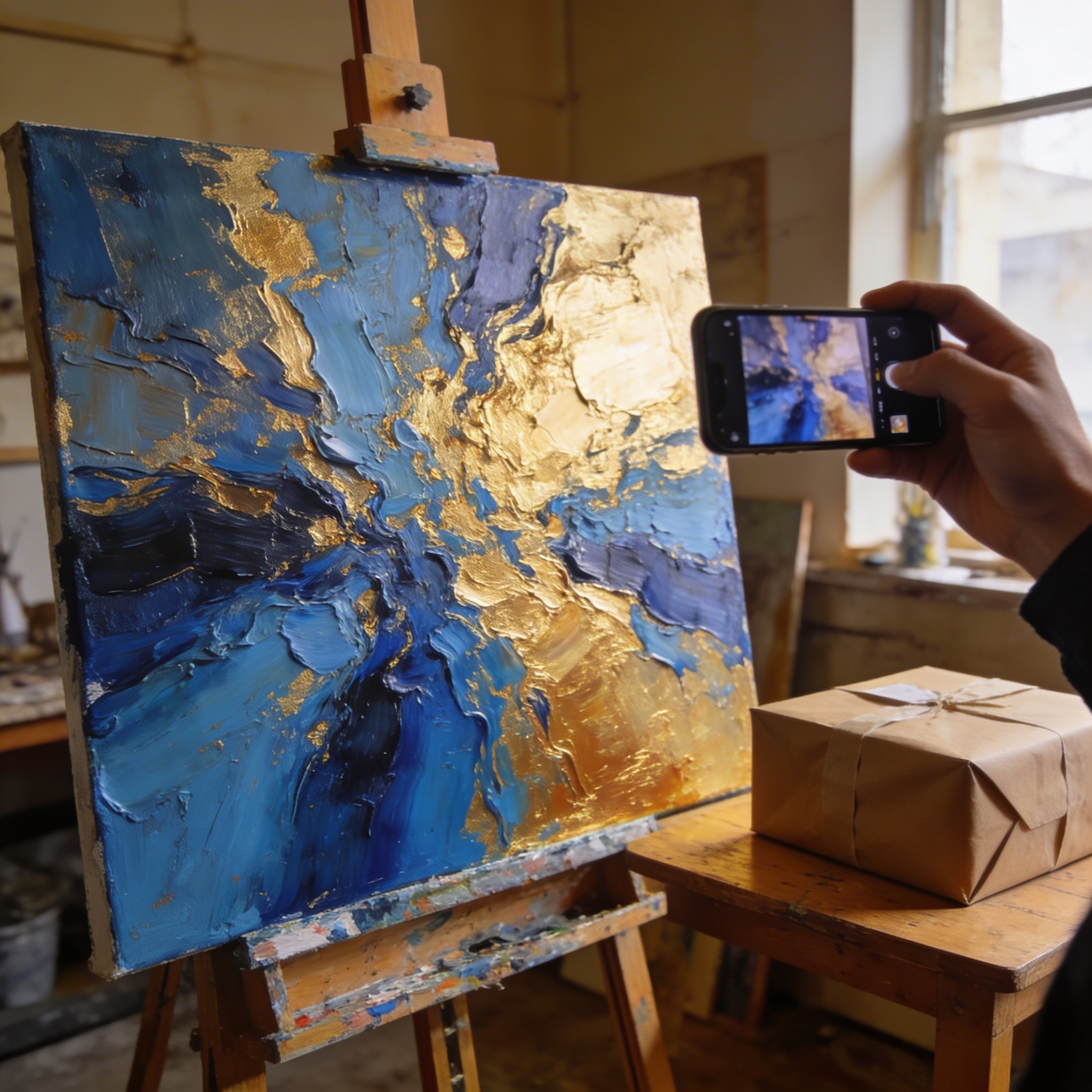 A completed painting on an easel being photographed for client approval