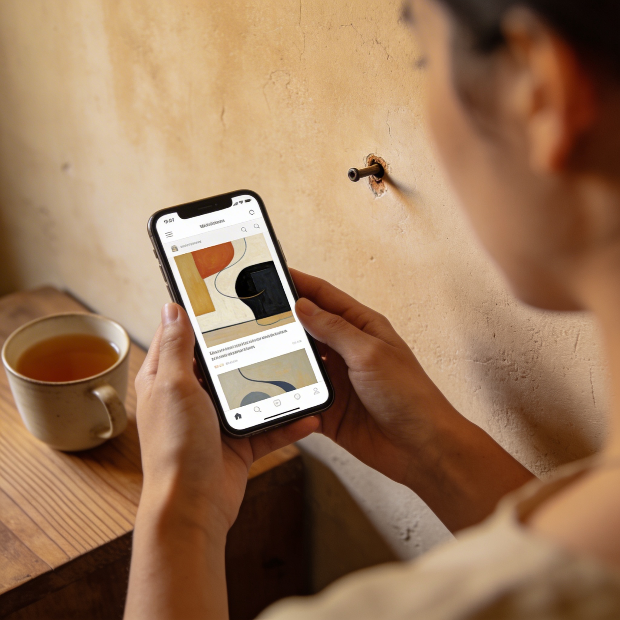 Hands holding a phone, browsing abstract paintings on the Wishanart website