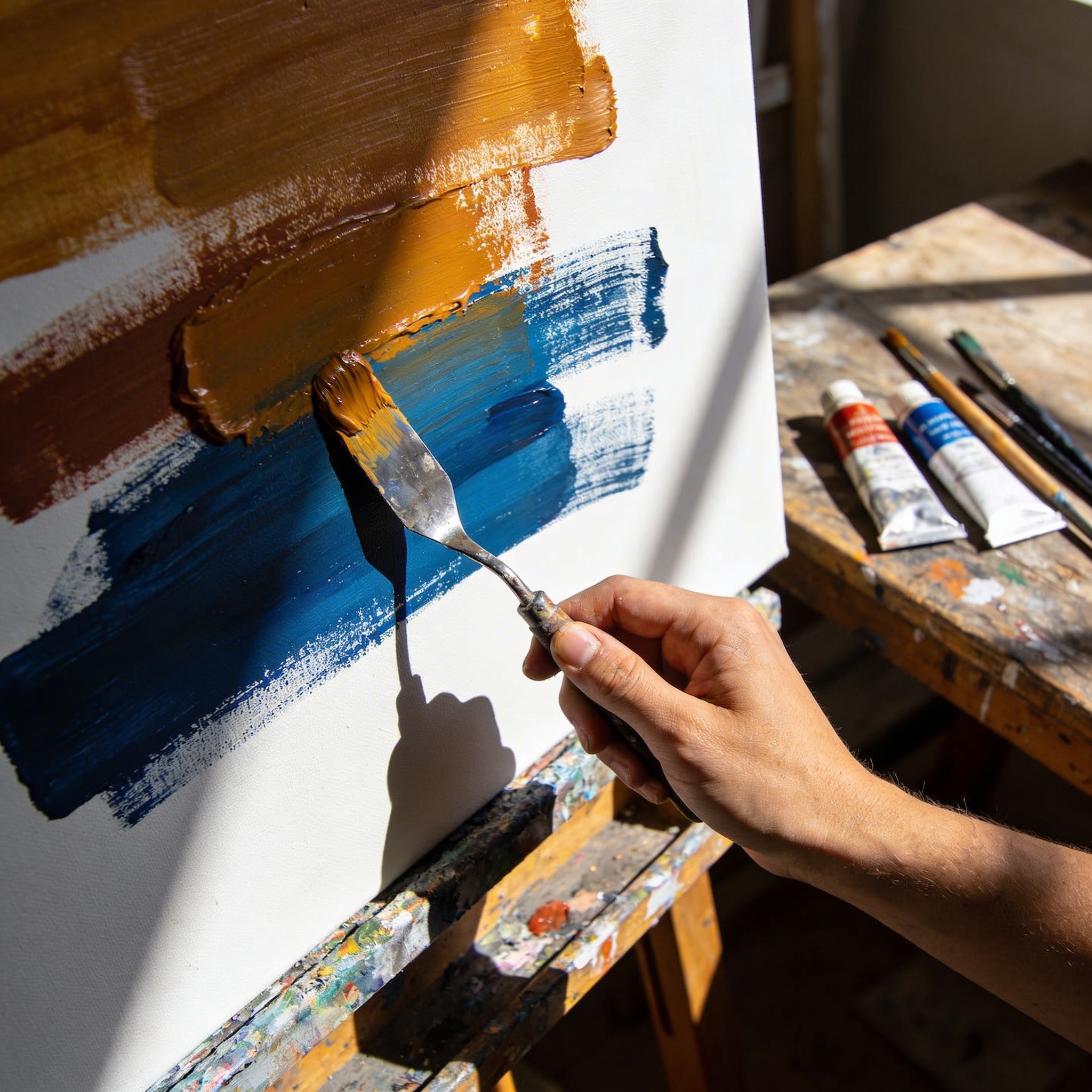 Palette knife applying thick acrylic paint to a canvas, close-up of the painting process