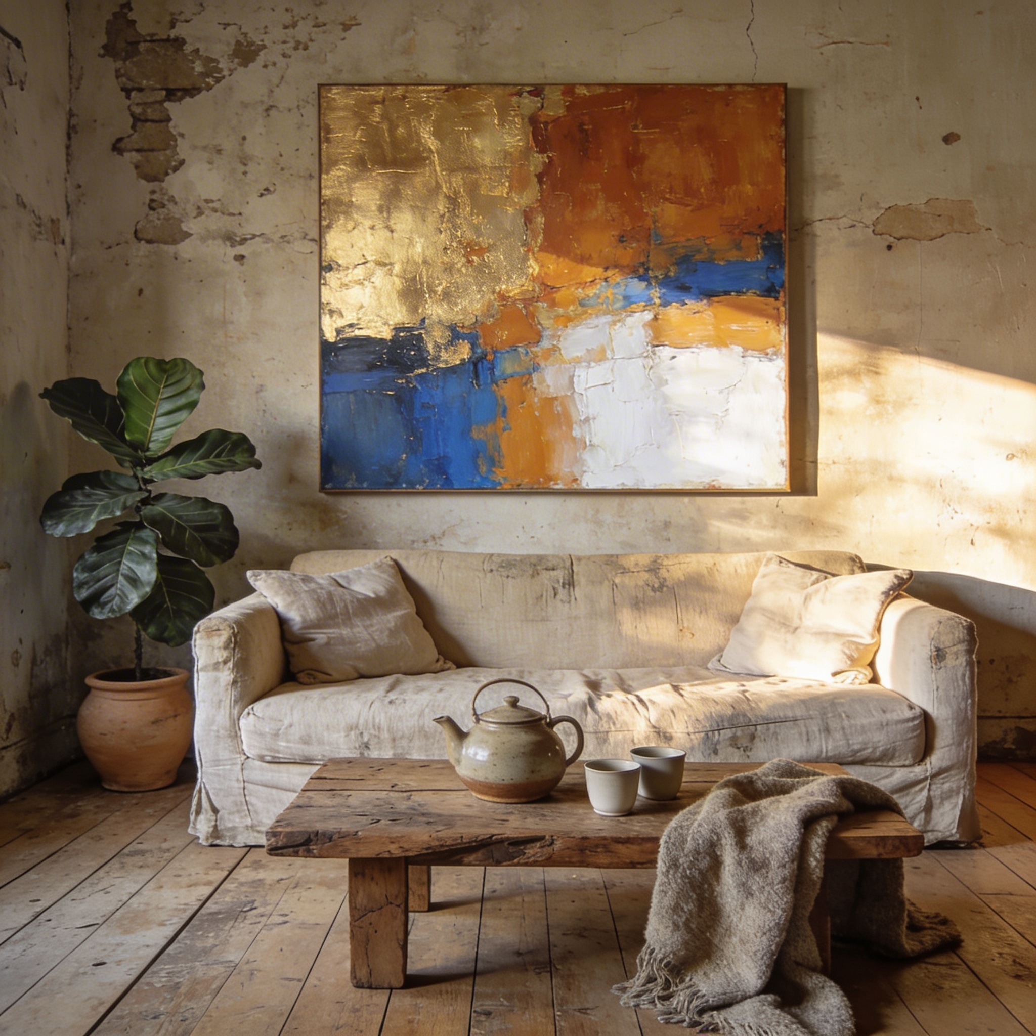 Abstract painting shown with different framing options in a lived-in living room