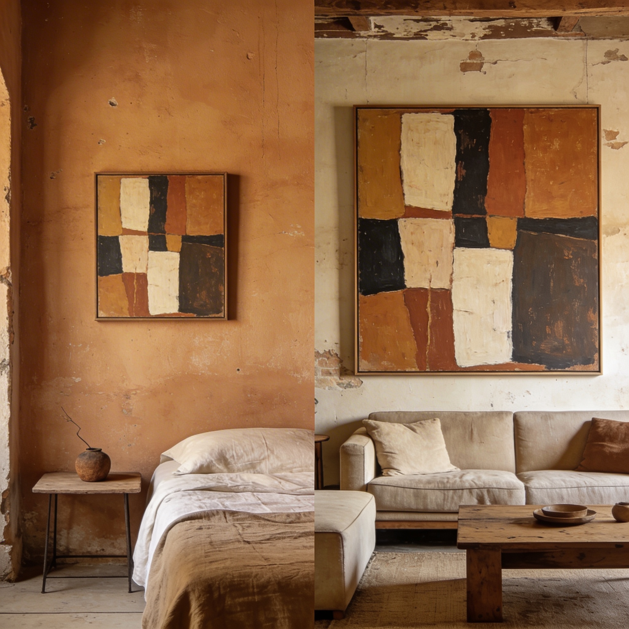 Side-by-side rooms showing the difference between a small accent painting and a large statement painting