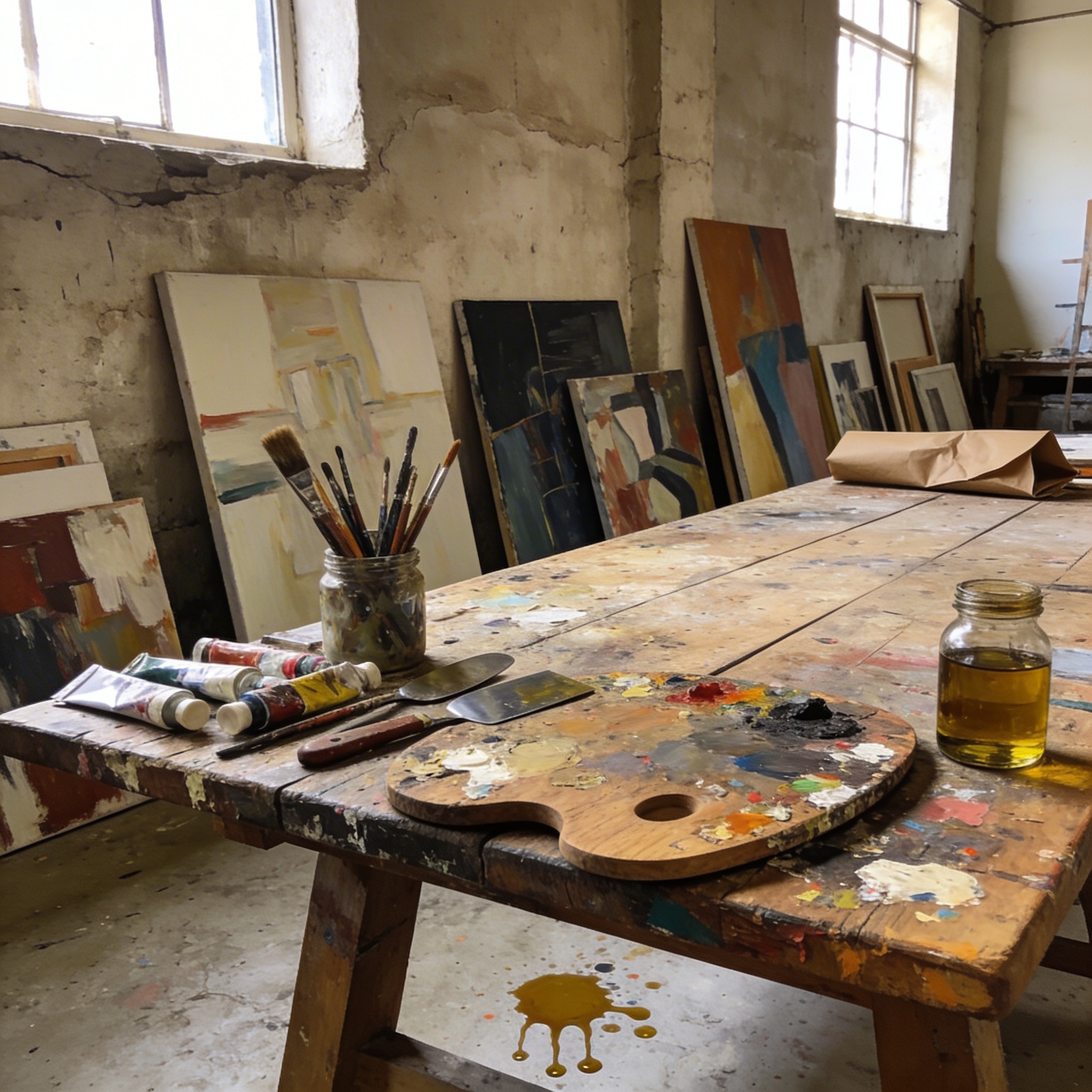 Paint-covered workbench with palette knives, brushes, and canvases in the studio
