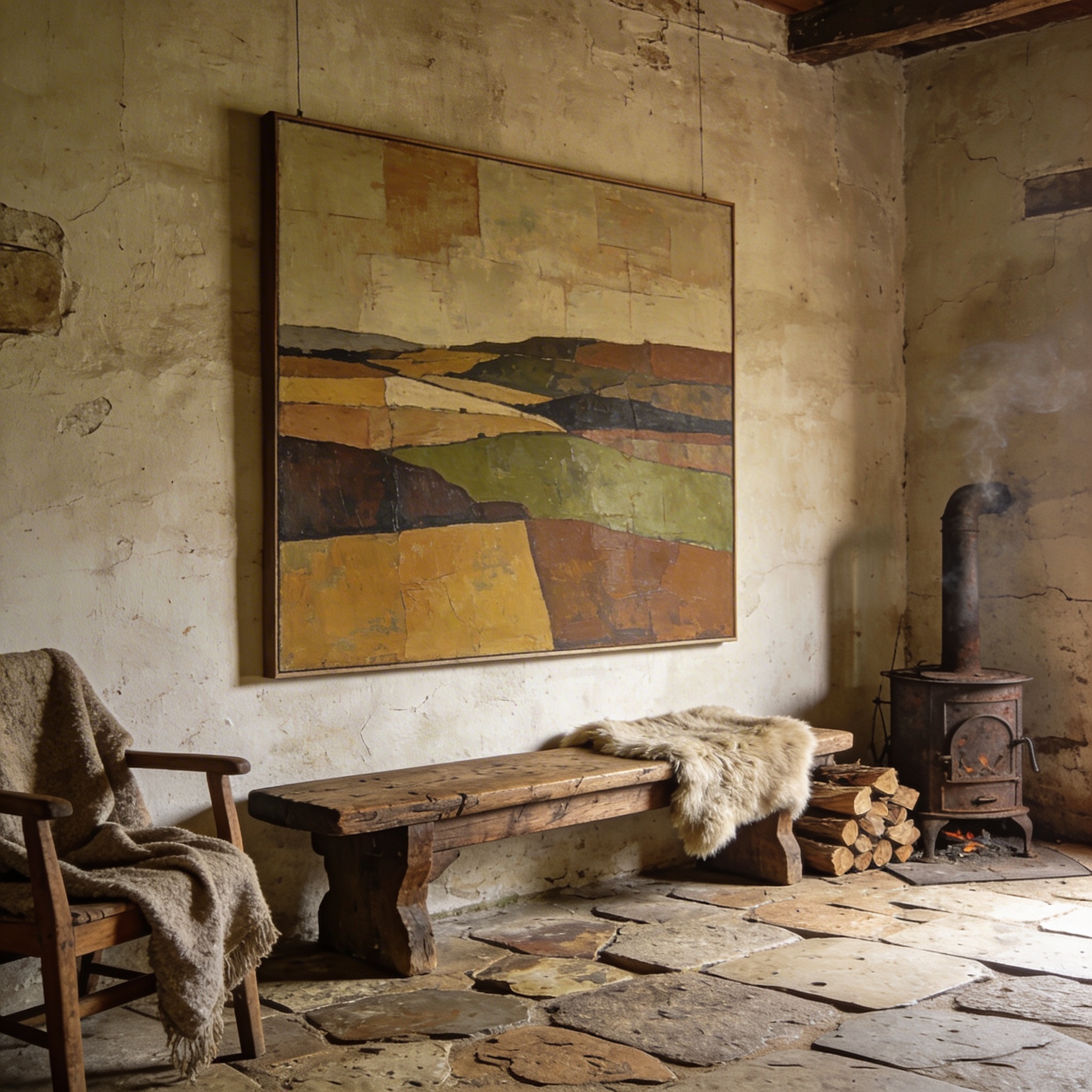 Stone cottage interior with woodstove, sheepskin throw, and abstract terrain painting on farmhouse wall