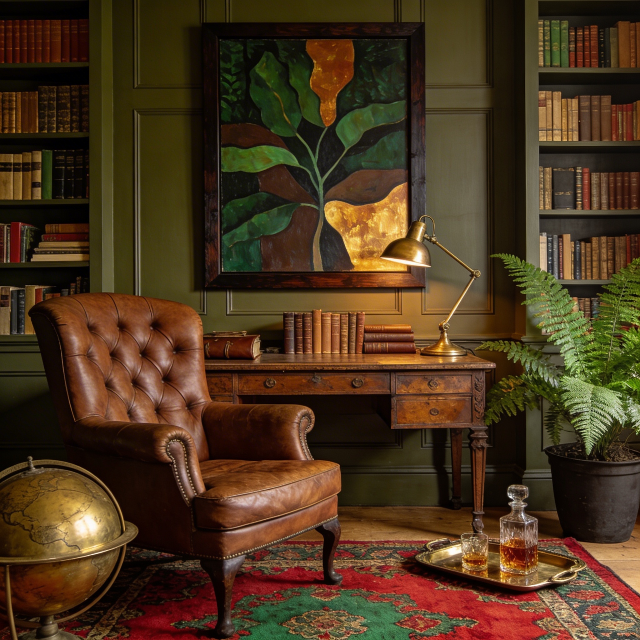 English study with Chesterfield sofa and green panels, abstract botanical painting with warm earth tones